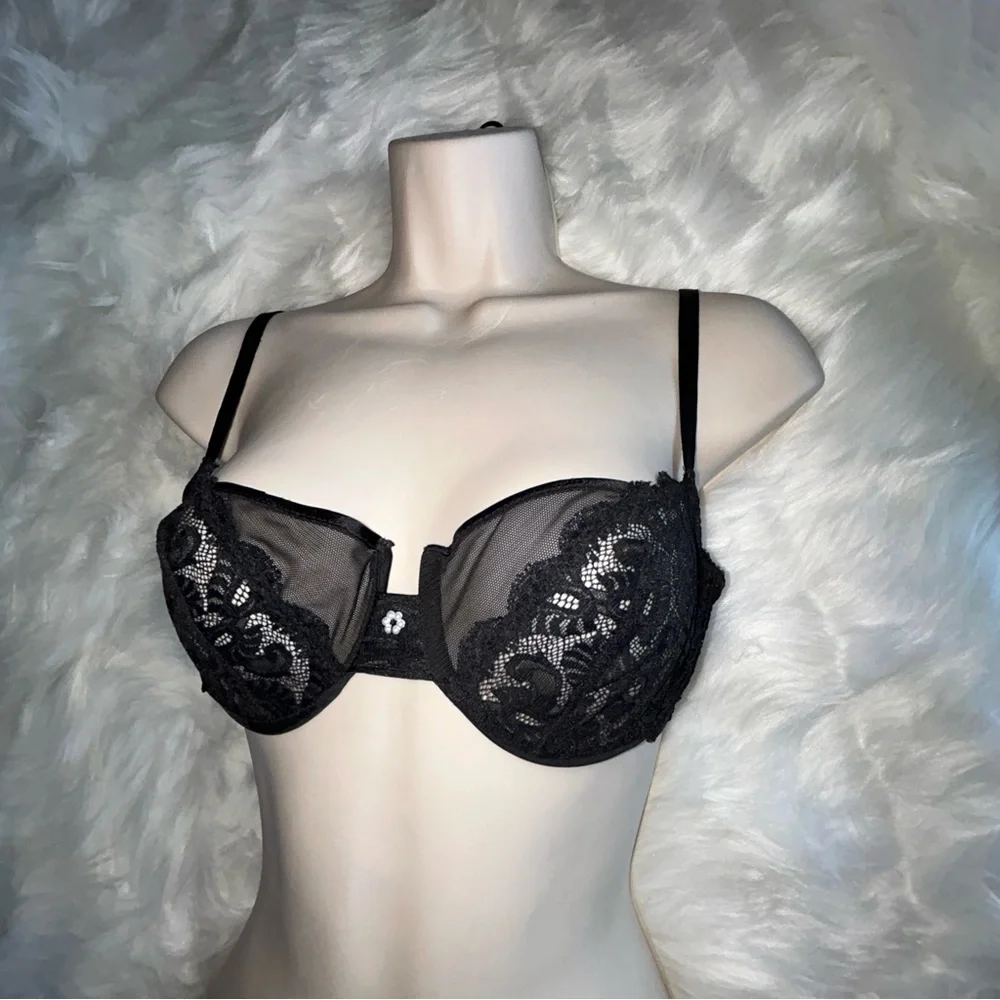 Sexy Black Lace &‎ Sheer Mesh Underwire Bra y2K Glam 36C